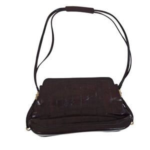 Vintage 60s Black Eel Skin Leather Shoulder Bag Gold Hardware Adjustable Strap